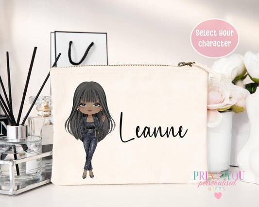 Personalised 100% cotton makeup bag zip pouch printed with a custom name and Girl 1 character design