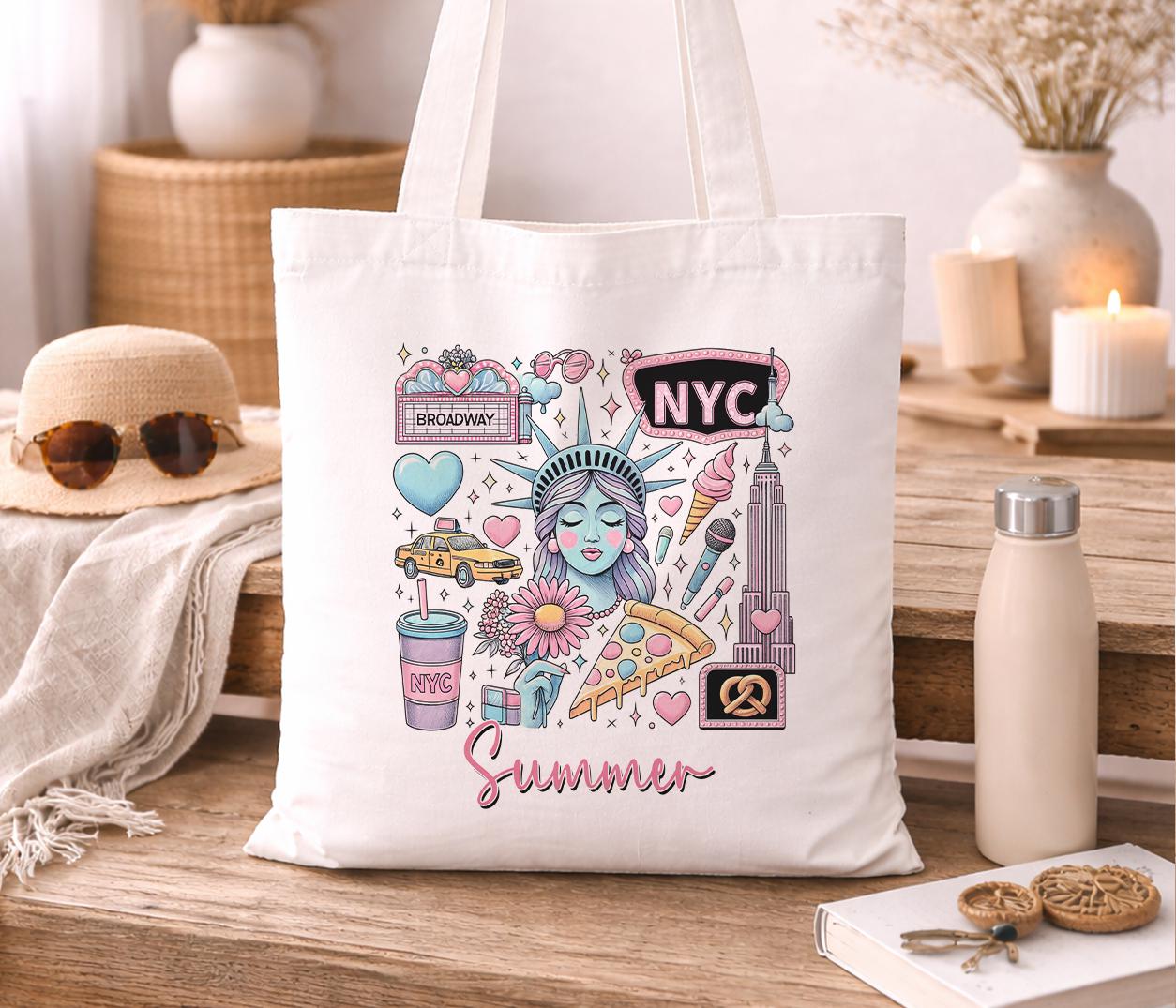 Cotton tote bag printed with a bold New York City skyline illustration and a personalised custom name
