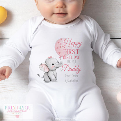 Personalised baby vest with pink elephant Daddy first birthday design and custom name