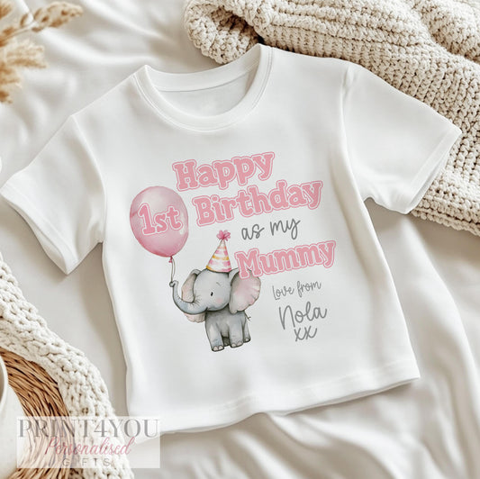 Personalised Cute Elephant bib printed with 'Happy 1st Birthday' and your baby's name and chosen relation.