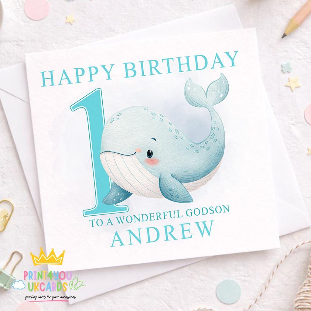 Square birthday card with a cheerful cartoon whale and ocean bubbles design, personalised with a boy's name and age