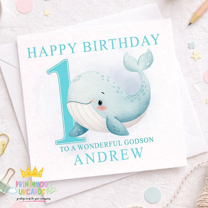 Square birthday card with a cheerful cartoon whale and ocean bubbles design, personalised with a boy's name and age