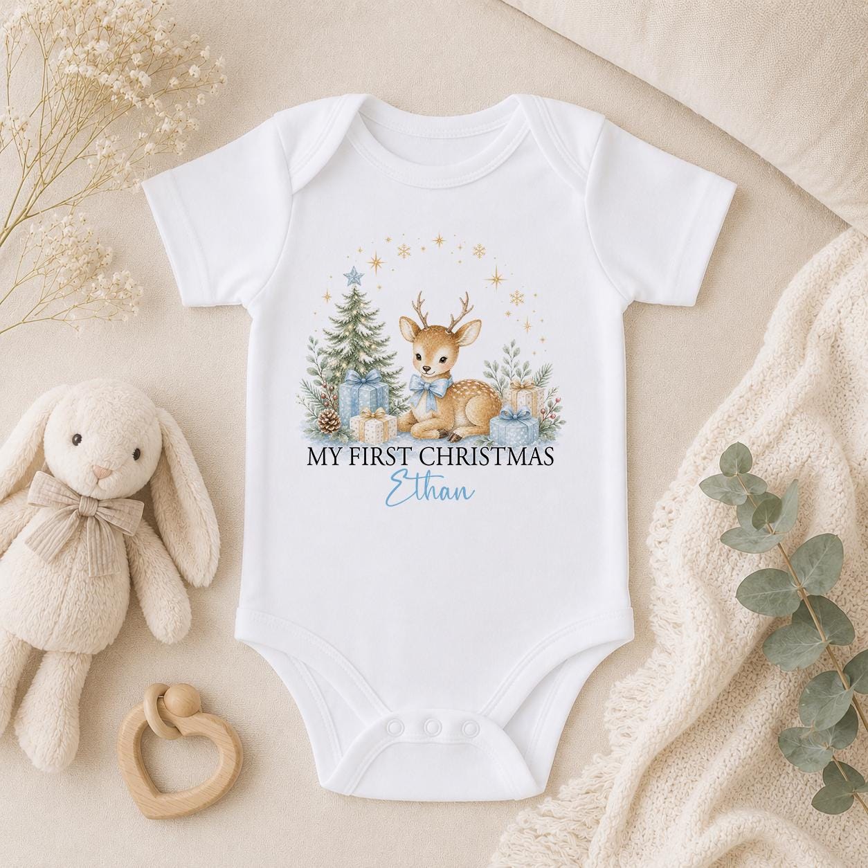 Personalised Baby Christmas Outfit, My First Xmas Reindeer Sleepsuit