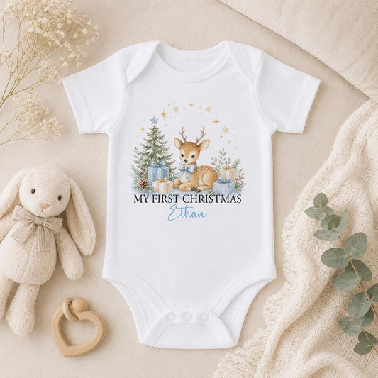 Personalised Baby Christmas Outfit, My First Xmas Reindeer Sleepsuit