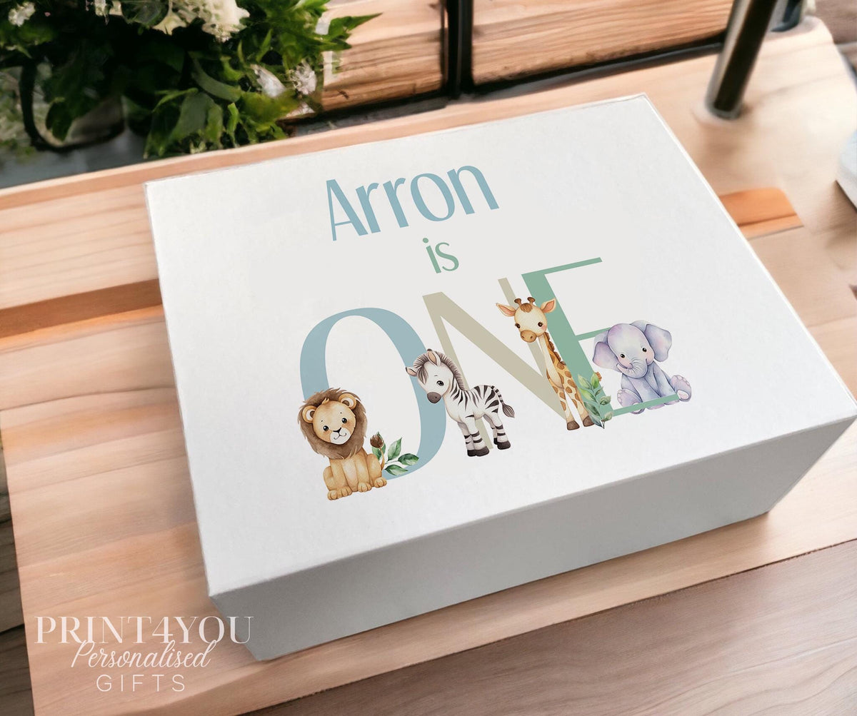 Pastel safari-themed keepsake box personalised with a baby's name, featuring illustrations of a lion, zebra, giraffe and elephant
