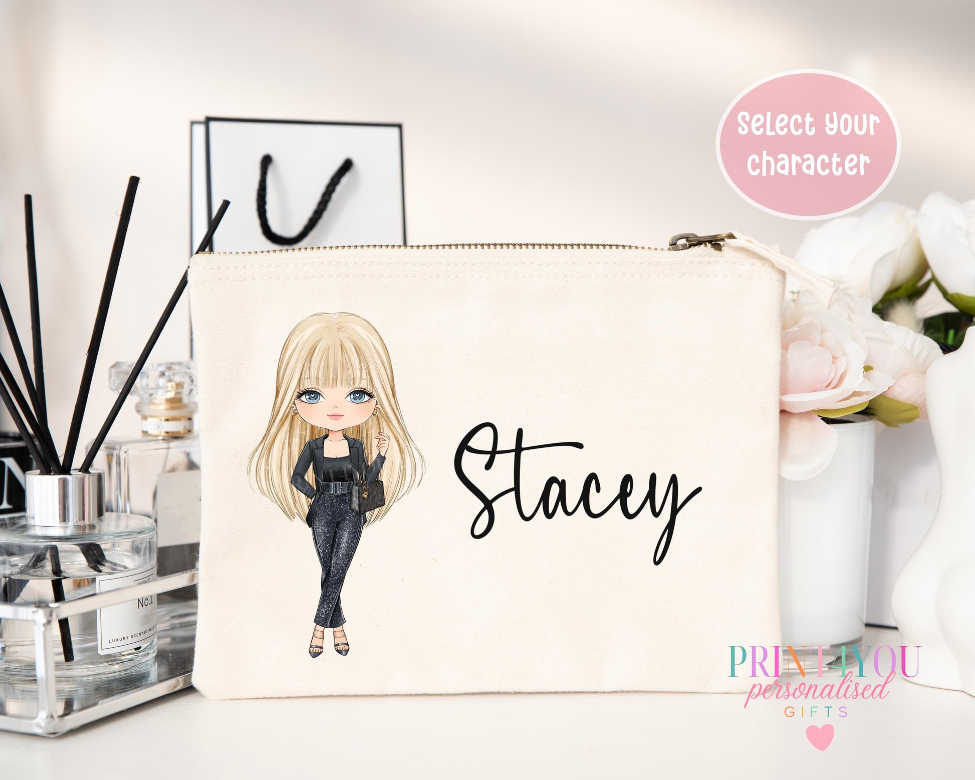 Off-white canvas makeup bag with a metal zip, printed with illustrated character design 4 and a personalised name