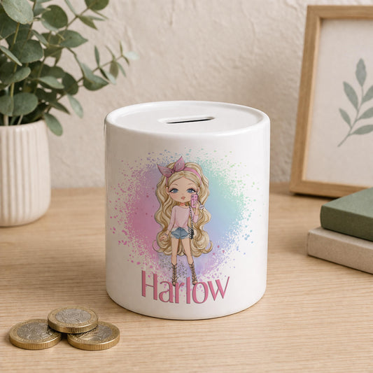 Personalised girl ceramic money box, piggy bank with removable stopper