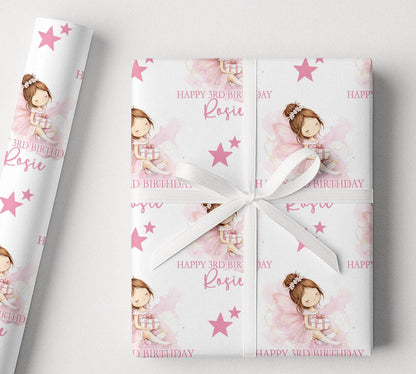 Personalised birthday wrapping paper with pink fairy design, custom name and age, pink stars and soft watercolour details.