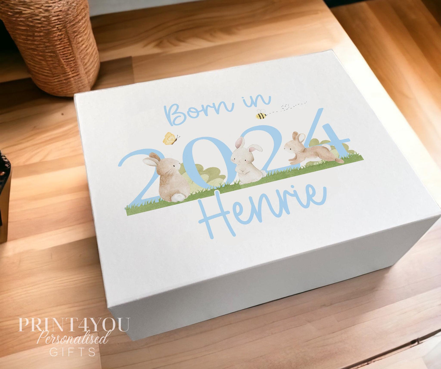 Personalised baby's first birthday keepsake box, sturdy white card with bunny rabbit design and blue text, large size