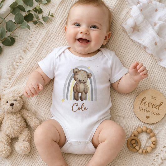Personalised teddy bear rainbow bib with custom baby name, newborn gift