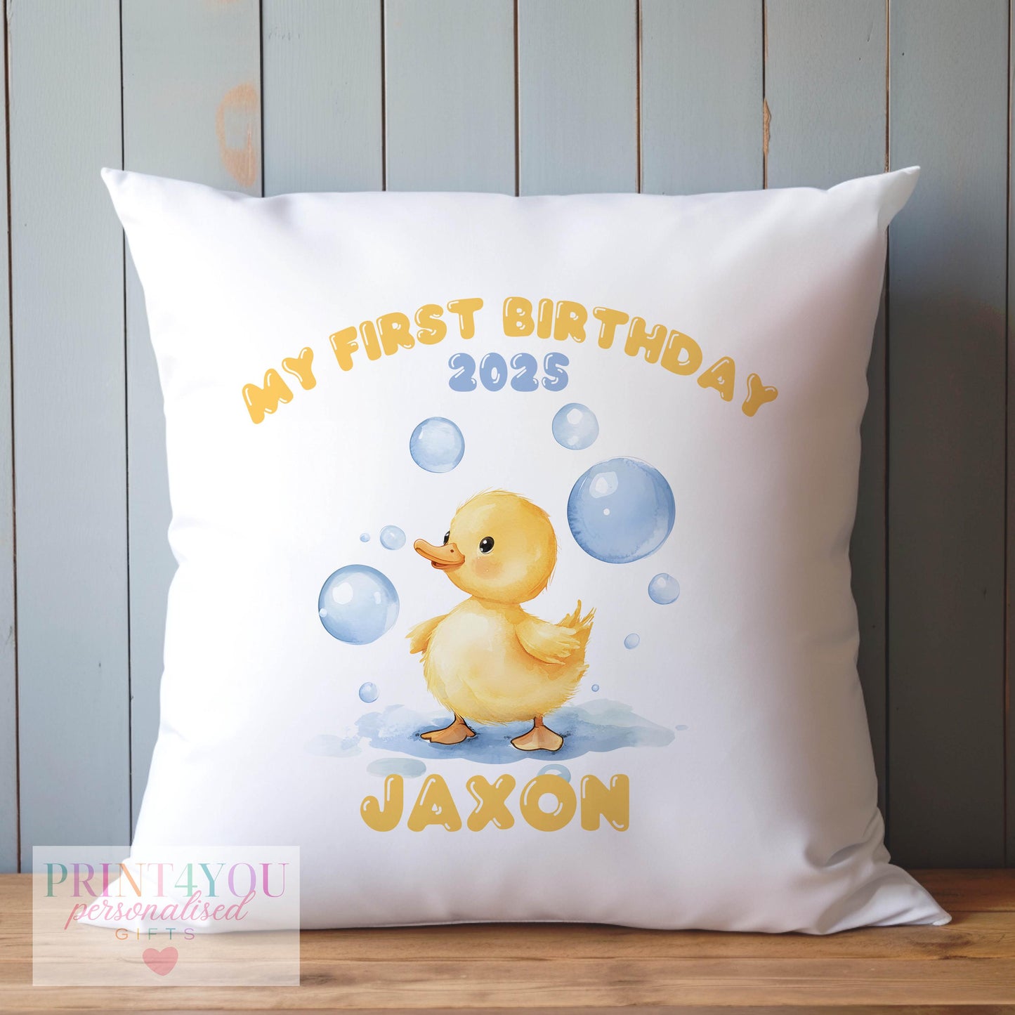 Personalised off-white cushion cover fitted with insert, finished plump cushion