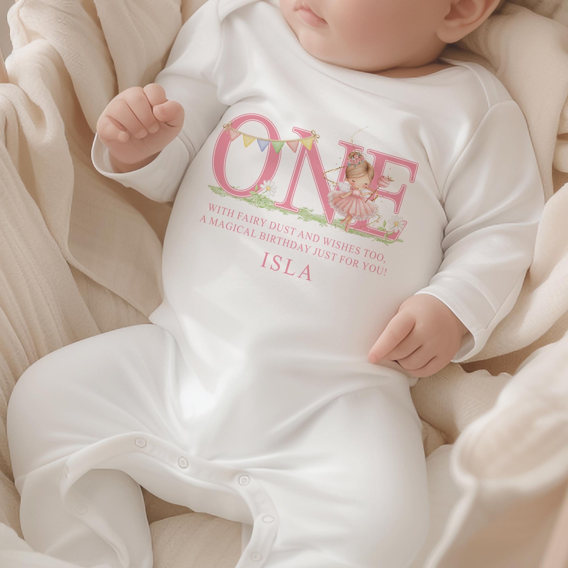 Fairy themed first birthday outfit personalised with a chosen name.