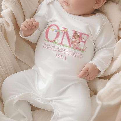 Fairy themed first birthday outfit personalised with a chosen name.