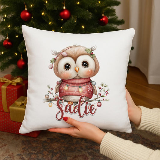 Personalised Christmas Owl Cushion – Custom Name Festive Cushion Gift For Kids - Cushion cover only