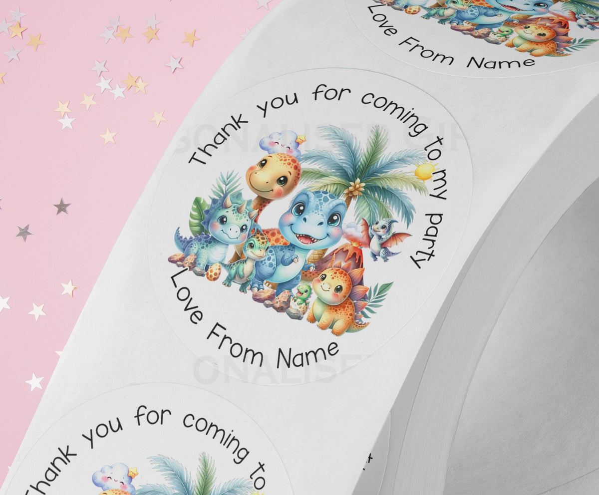 Personalised glossy white dinosaur birthday stickers printed on a strip, 5cm each