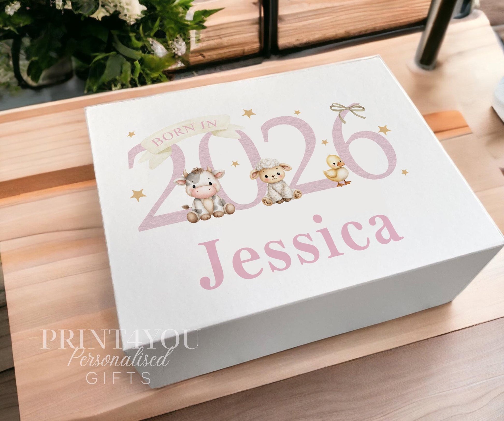 Pink farm design magnetic baby keepsake box personalised with a name