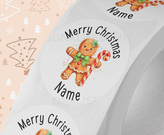 Personalised Gingerbread man girl sticker – Christmas White Gloss 5cm Stickers – Perfect for Christmas Party Bags, Gift Wrapping - Strips (5cm each)