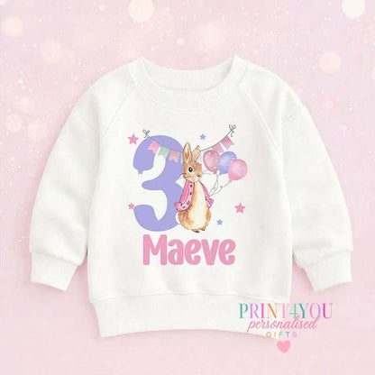 Personalised pink bunny 3rd birthday t-shirt with custom name printed