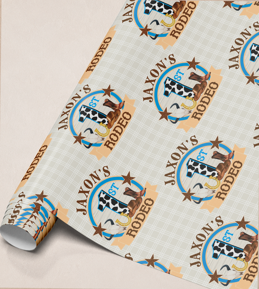 Close-up of the cowboy and western pattern printed on the wrapping paper