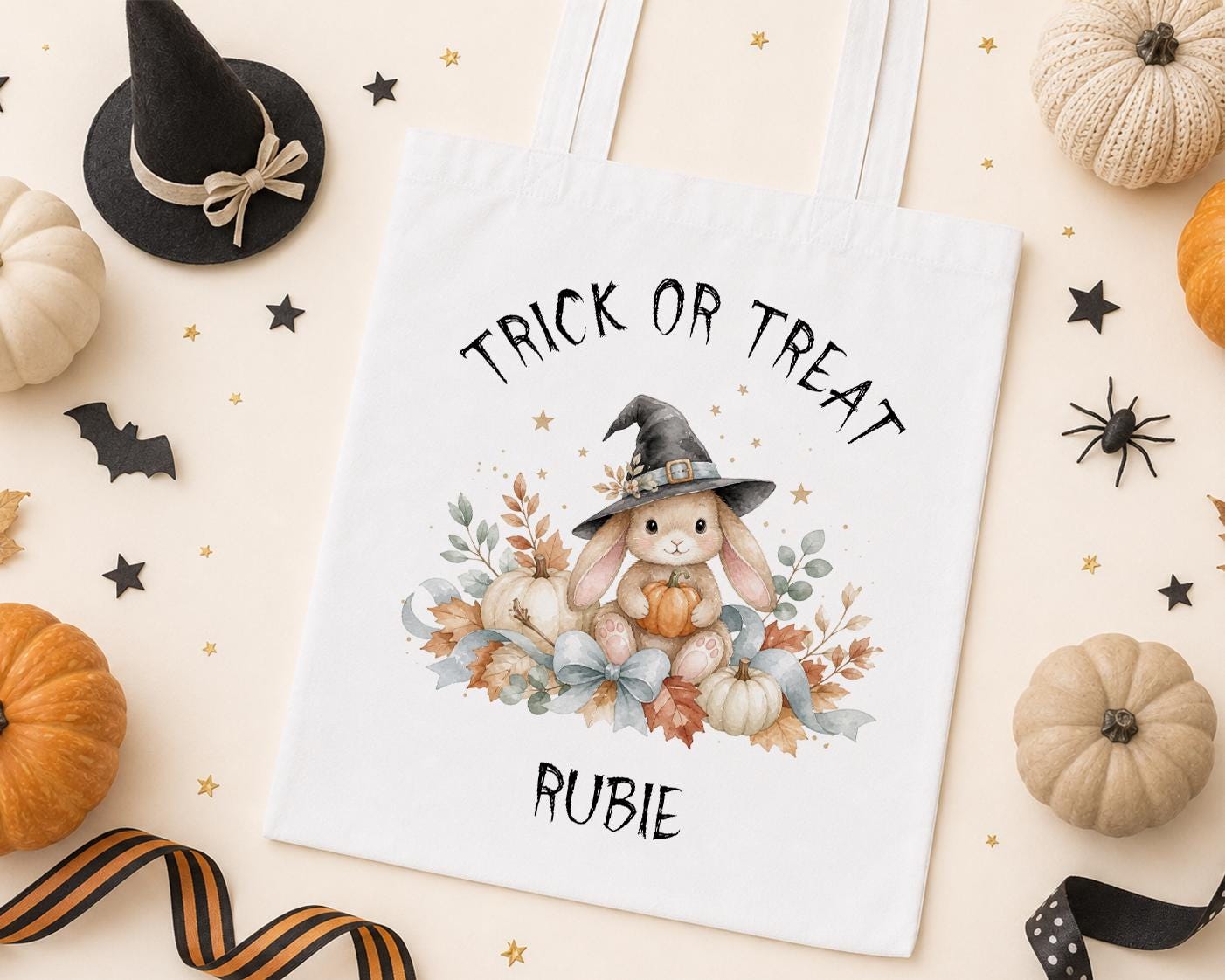 Personalised Halloween Trick or Treat Bag - Witch Bunny Tote