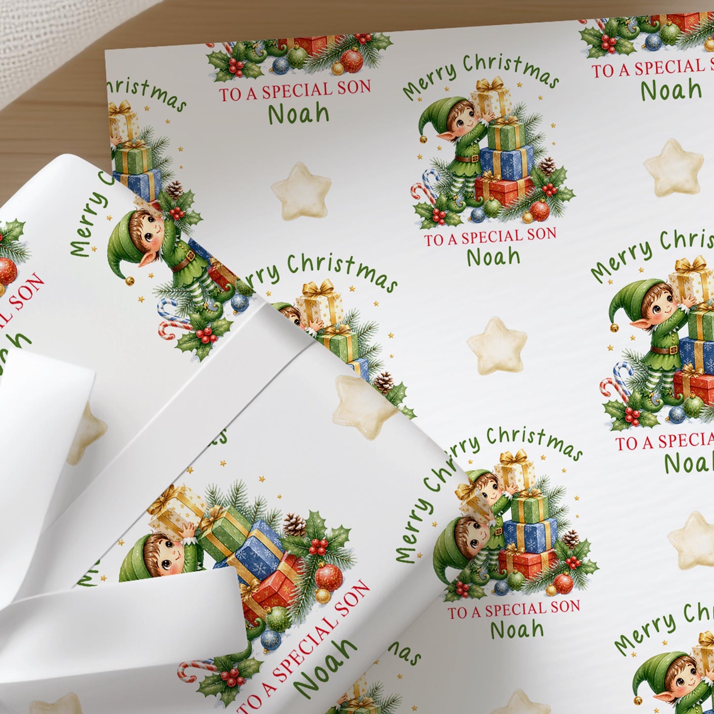 Personalised Elf Christmas Wrapping Paper, Custom Name Gift Wrap