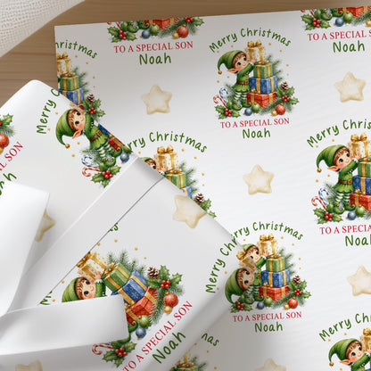Personalised Elf Christmas Wrapping Paper, Custom Name Gift Wrap