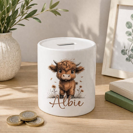 Children's clothing with the highland cow money box design