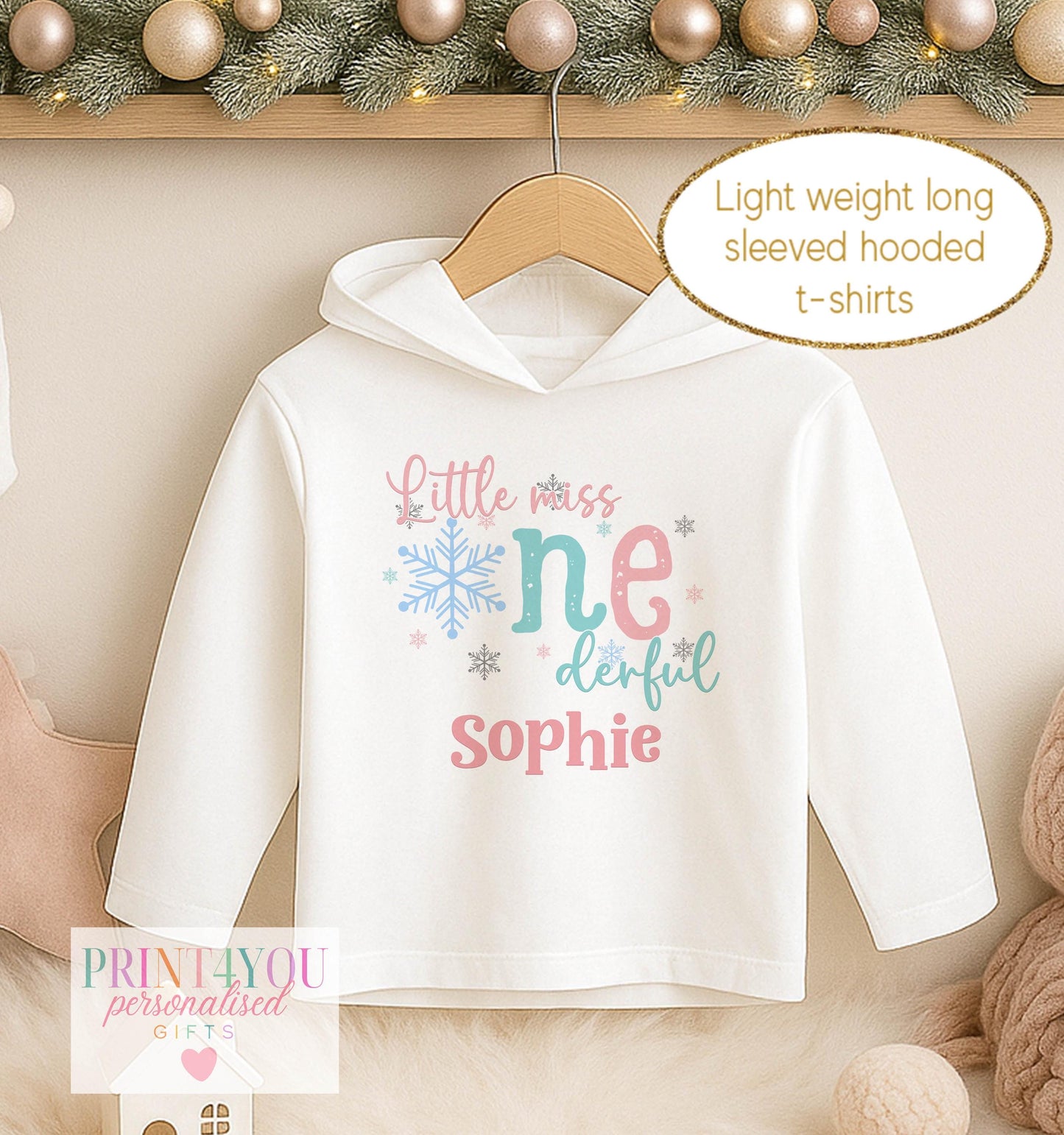 Personalised first birthday hooded t-shirt, white long sleeved hoodie printed with Little Miss One-derful, a snowflake and a name
