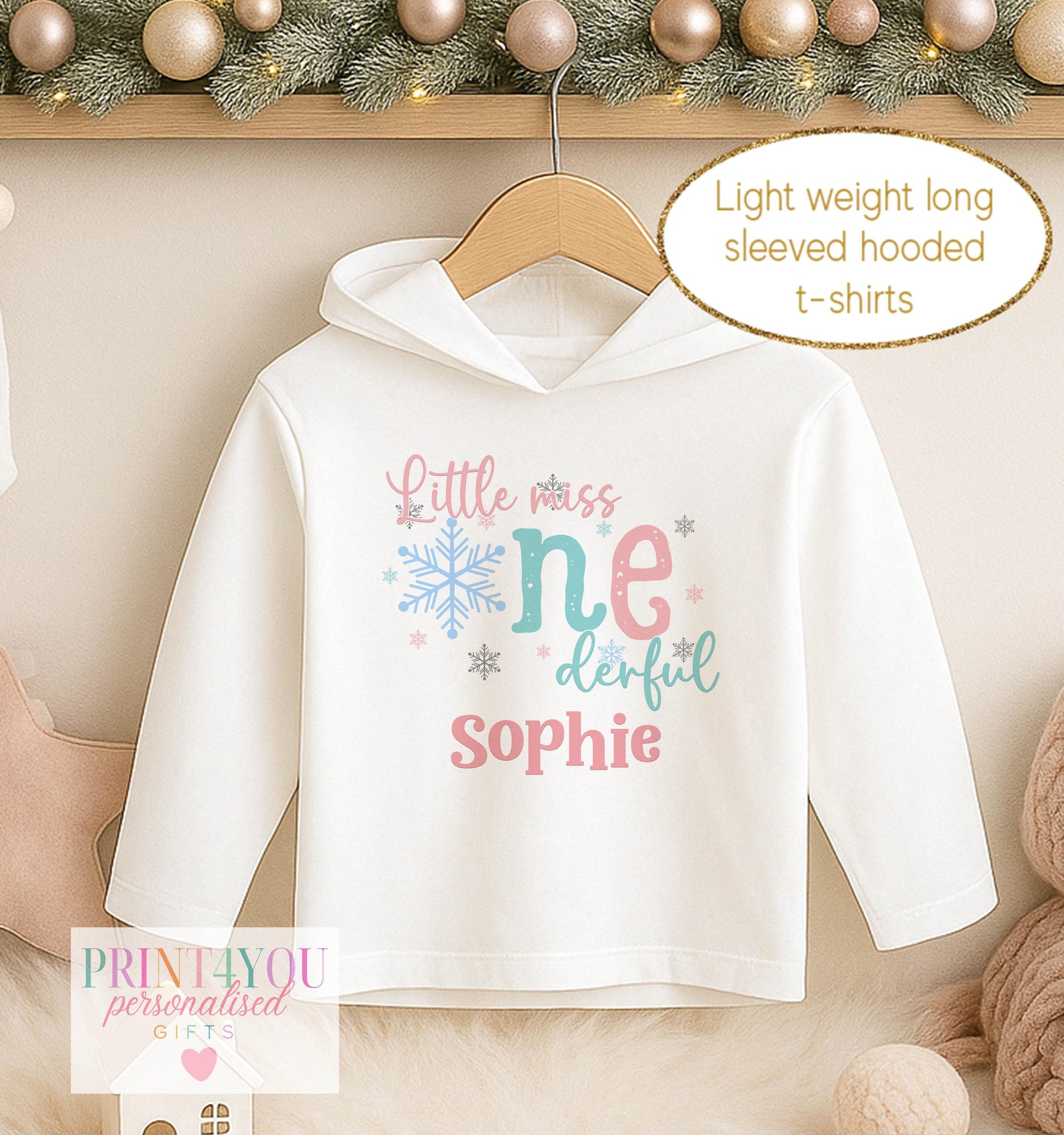 Personalised first birthday hooded t-shirt, white long sleeved hoodie printed with Little Miss One-derful, a snowflake and a name
