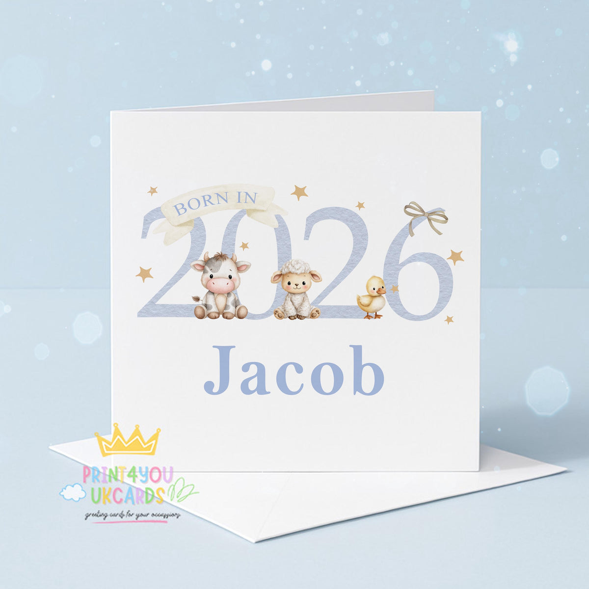 Front view of the personalised blue rustic farm animal newborn card printed on 350gsm card stock.