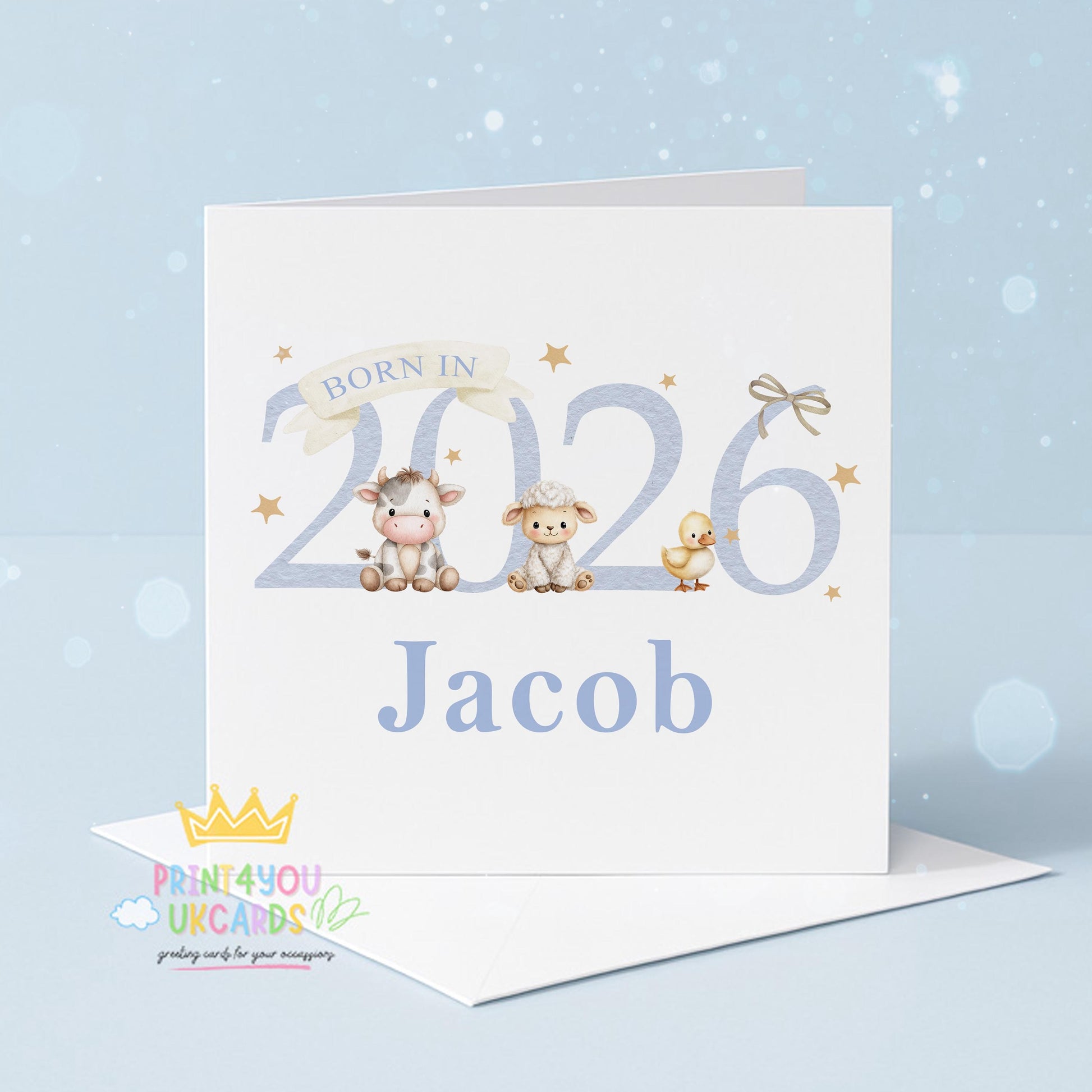 Front view of the personalised blue rustic farm animal newborn card printed on 350gsm card stock.