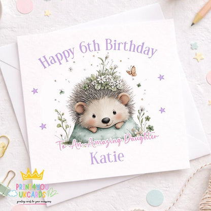 Personalised hedgehog birthday card with cute floral design