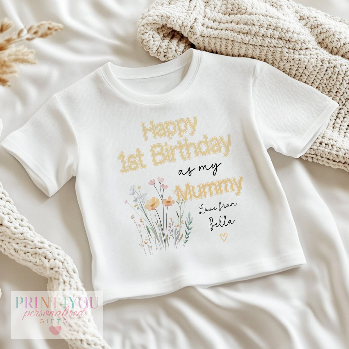 Wildflower 'Happy 1st Birthday as my Mummy' outfit set, personalised with baby's name on soft cotton.