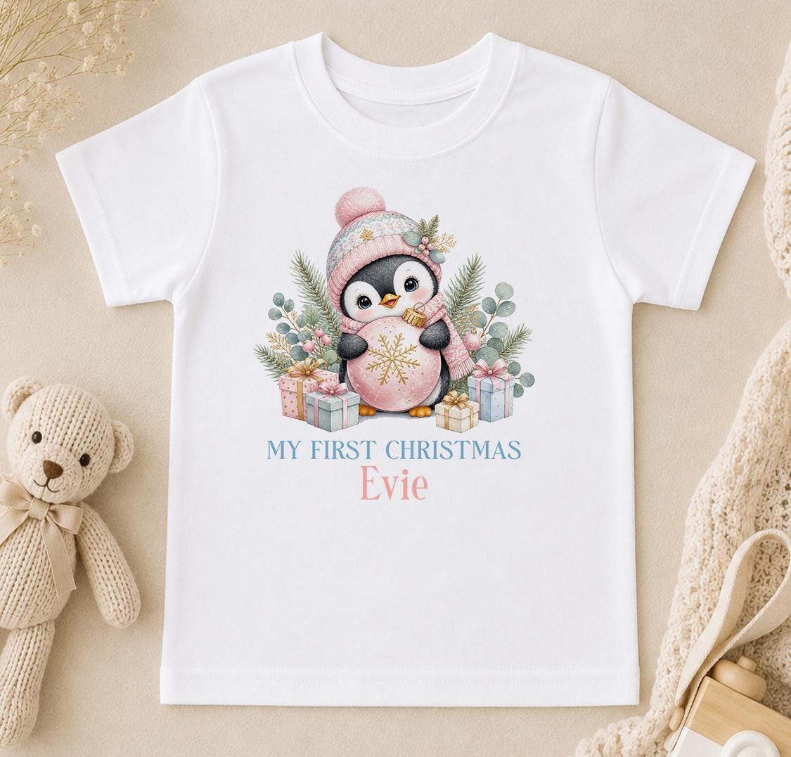 Personalised Baby Christmas Outfit, Pink Penguin First Xmas Set