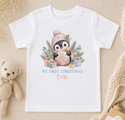 Personalised Baby Christmas Outfit, Pink Penguin First Xmas Set
