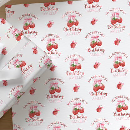 Personalised strawberry first birthday wrapping paper with custom name for baby girl 1st birthday gifts.
