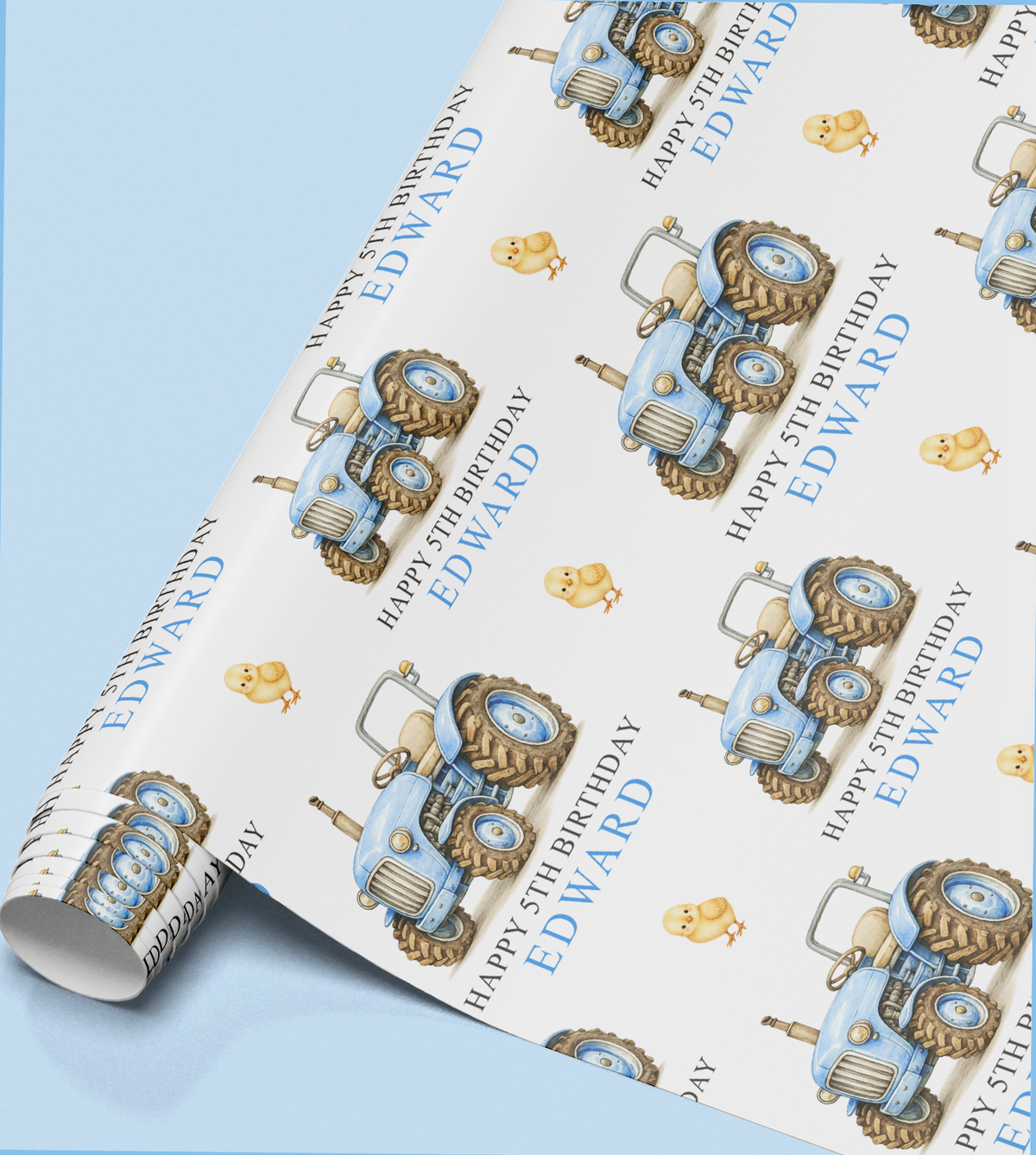 Full repeat pattern of the personalised blue tractor wrapping paper design