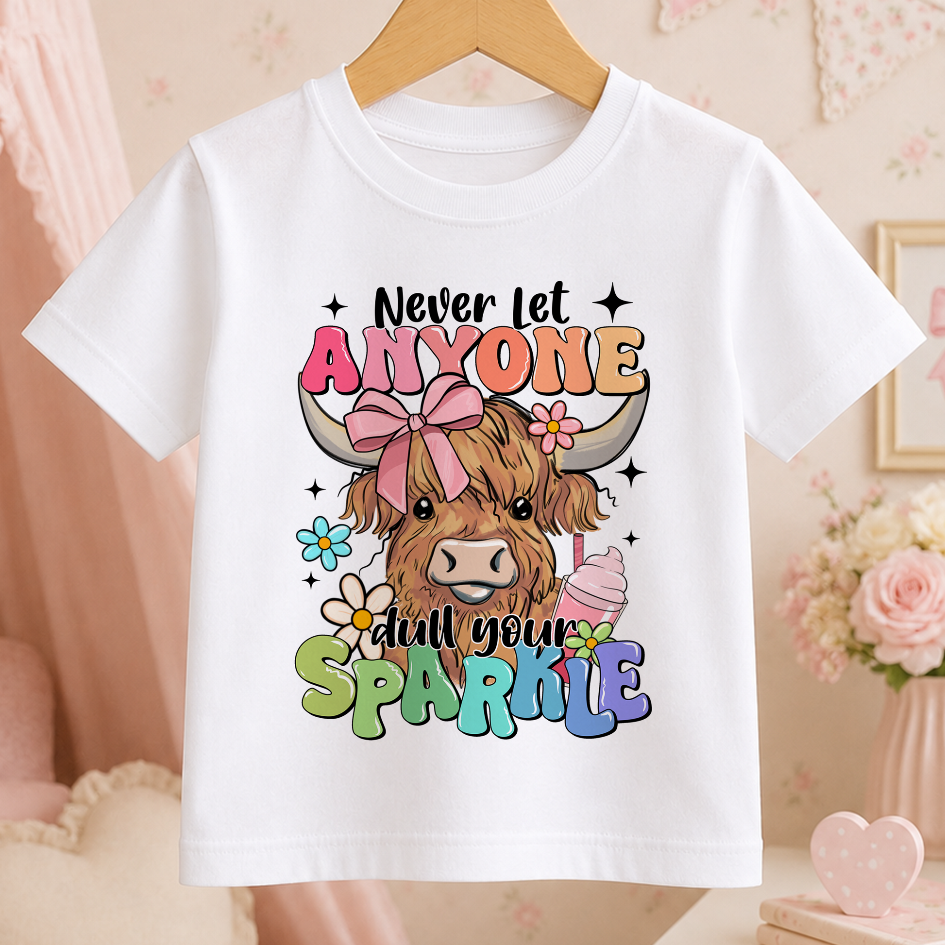 A white t-shirt with a colorful graphic design featuring a cartoon cow with horns and flowers, along with the text "Never let anyone dull your sparkle".