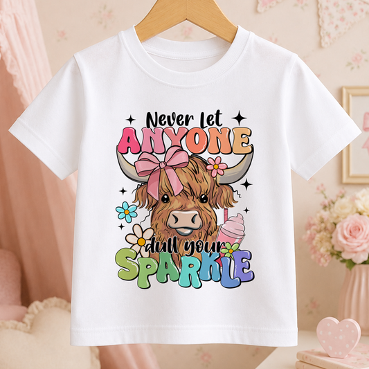 A white t-shirt with a colorful graphic design featuring a cartoon cow with horns and flowers, along with the text "Never let anyone dull your sparkle".