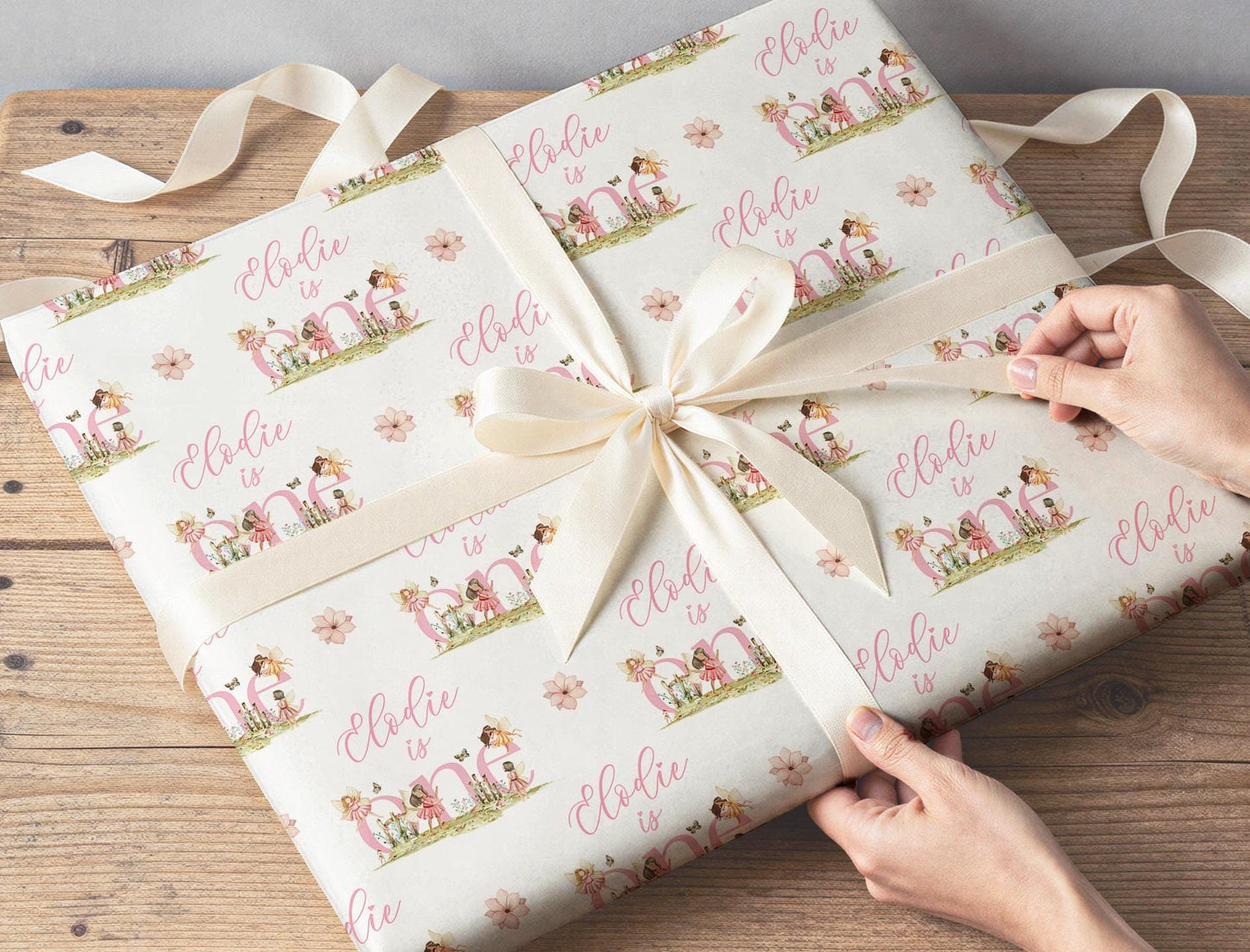 Close-up of the pink floral fairy wrapping paper pattern showing the personalised name detail.