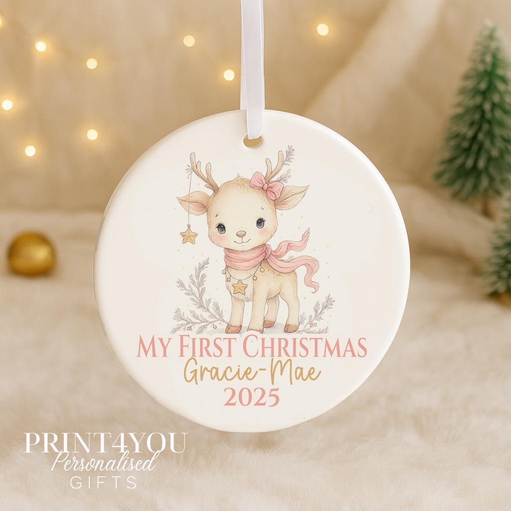 Personalised Baby Reindeer Christmas Bauble – My First Christmas 2025 Keepsake, Custom Name