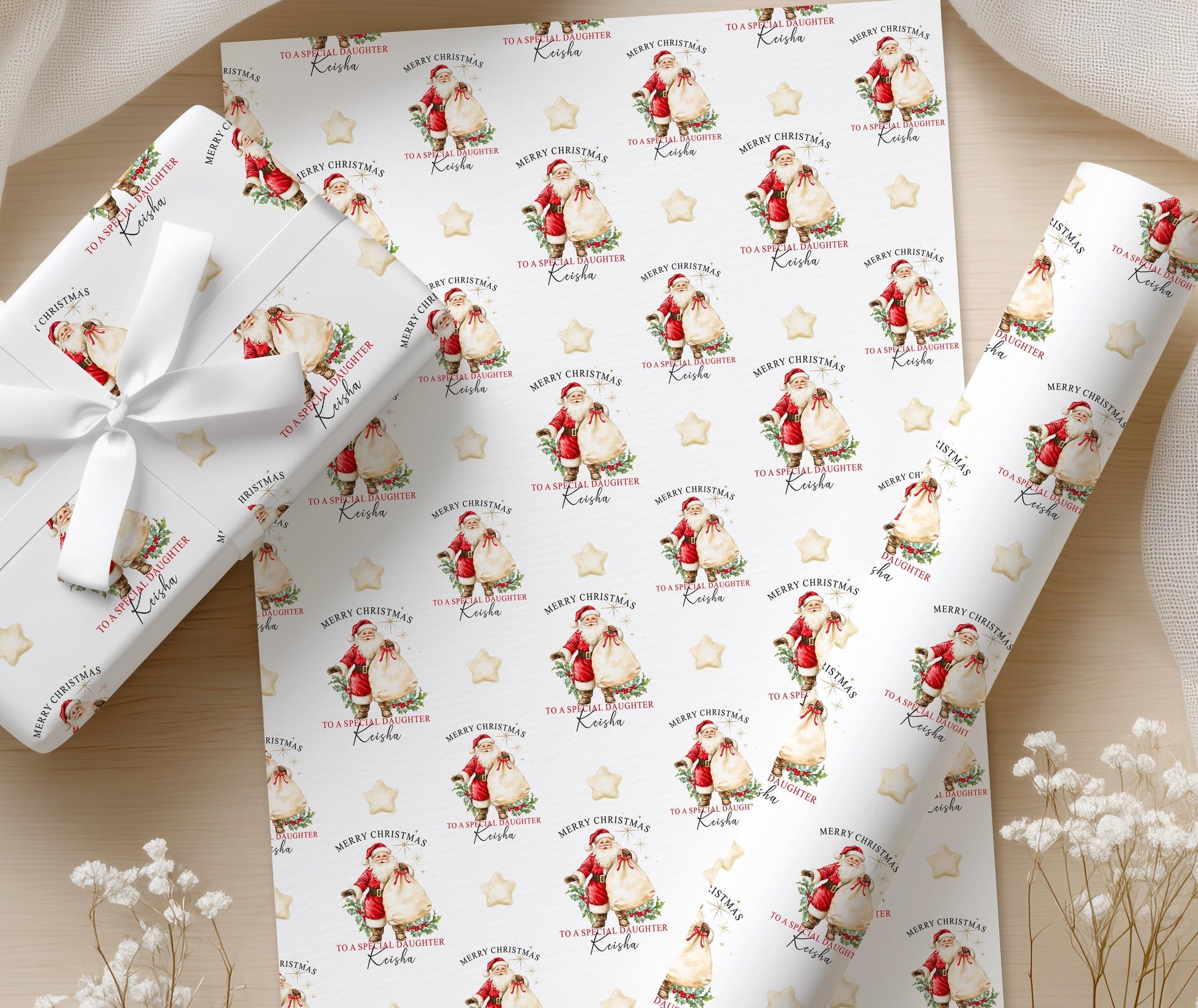 Personalised vintage Santa wrapping paper rolled and packaged in a postal tube, ready for Christmas gift wrapping