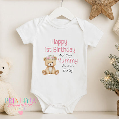 Close-up of the 'Happy 1st Birthday as my Mummy' design personalised with a child's name in cursive script