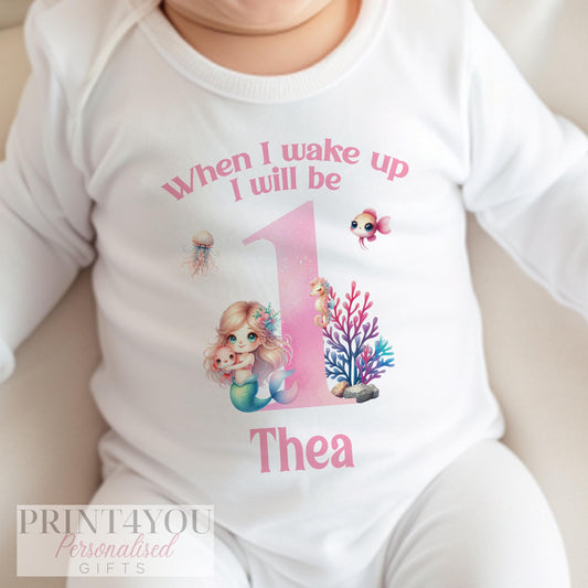 Mermaid Personalised 'When I Wake Up I Will Be One' Sleepsuit & Vest – 1st Birthday Outfit - Bib