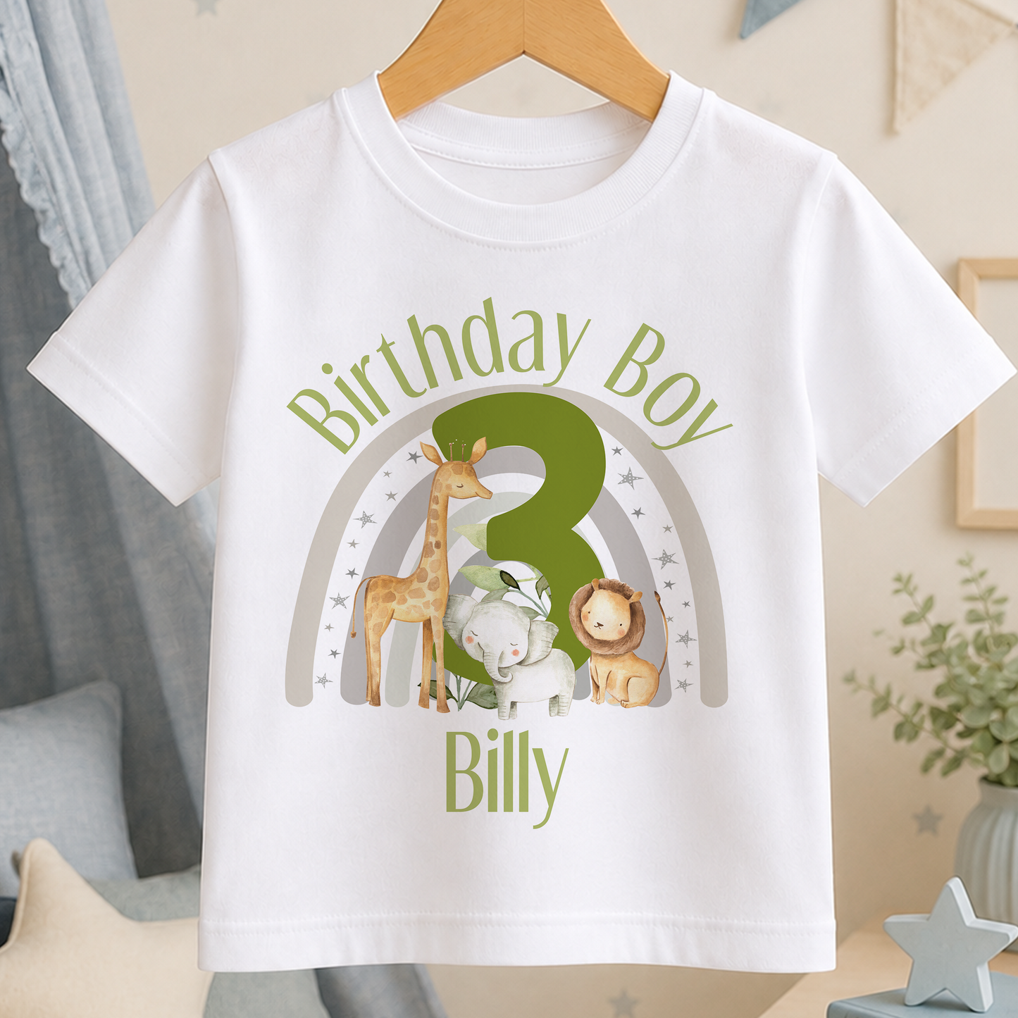 White t-shirt with safari graphic of a giraffe, lion and rainbow, personalised with the text Birthday Boy 3 Billy