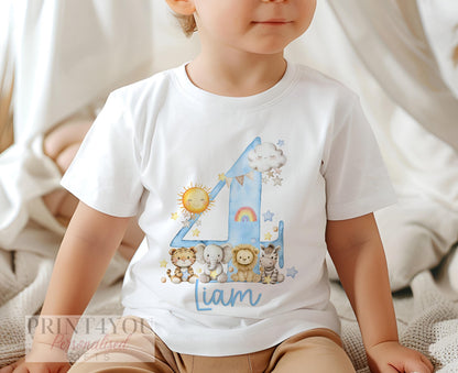 Child wearing the personalised safari birthday t-shirt at a jungle-themed party