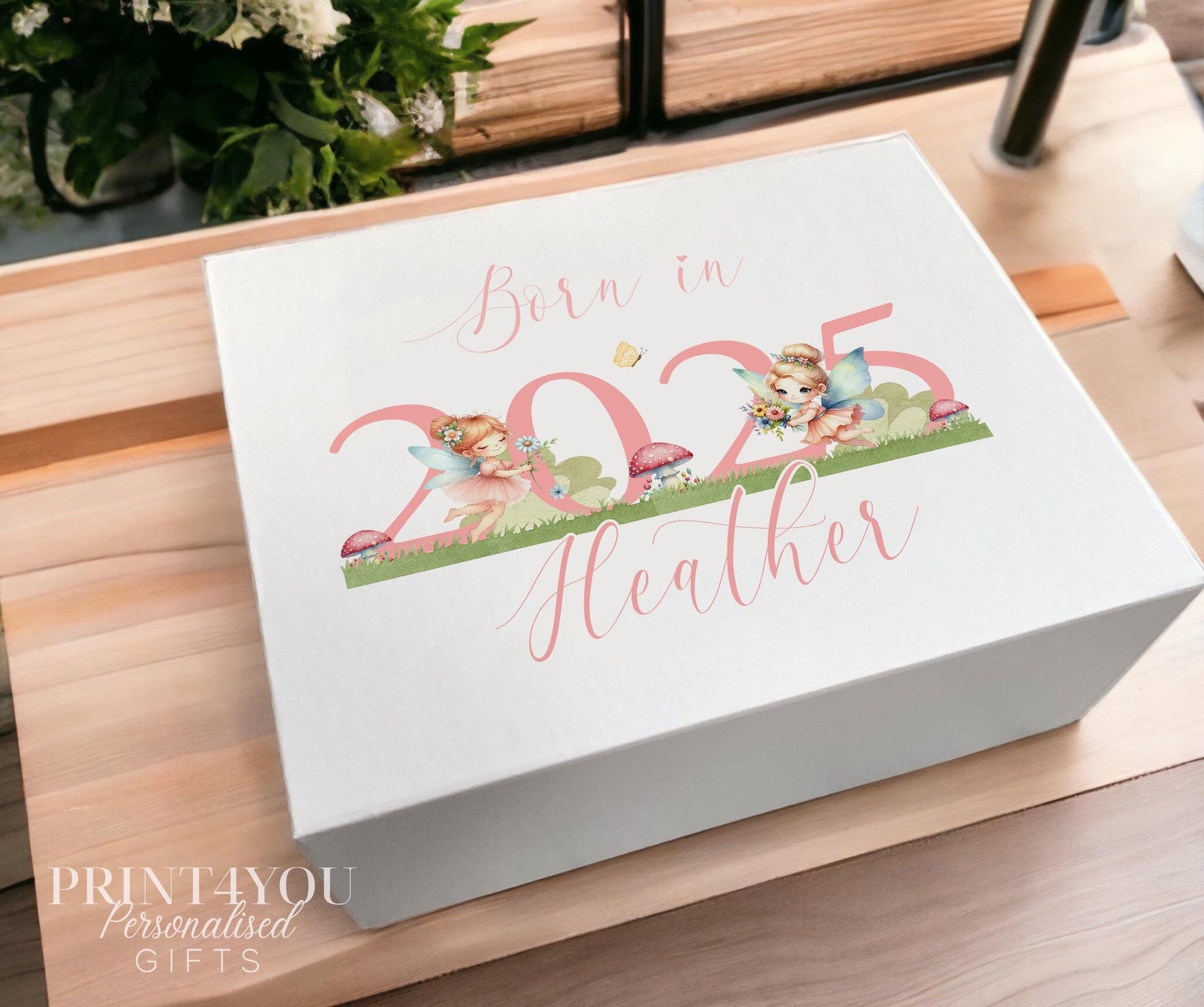 Personalised first birthday keepsake box, medium size, white with magnetic closure and pink fairy design