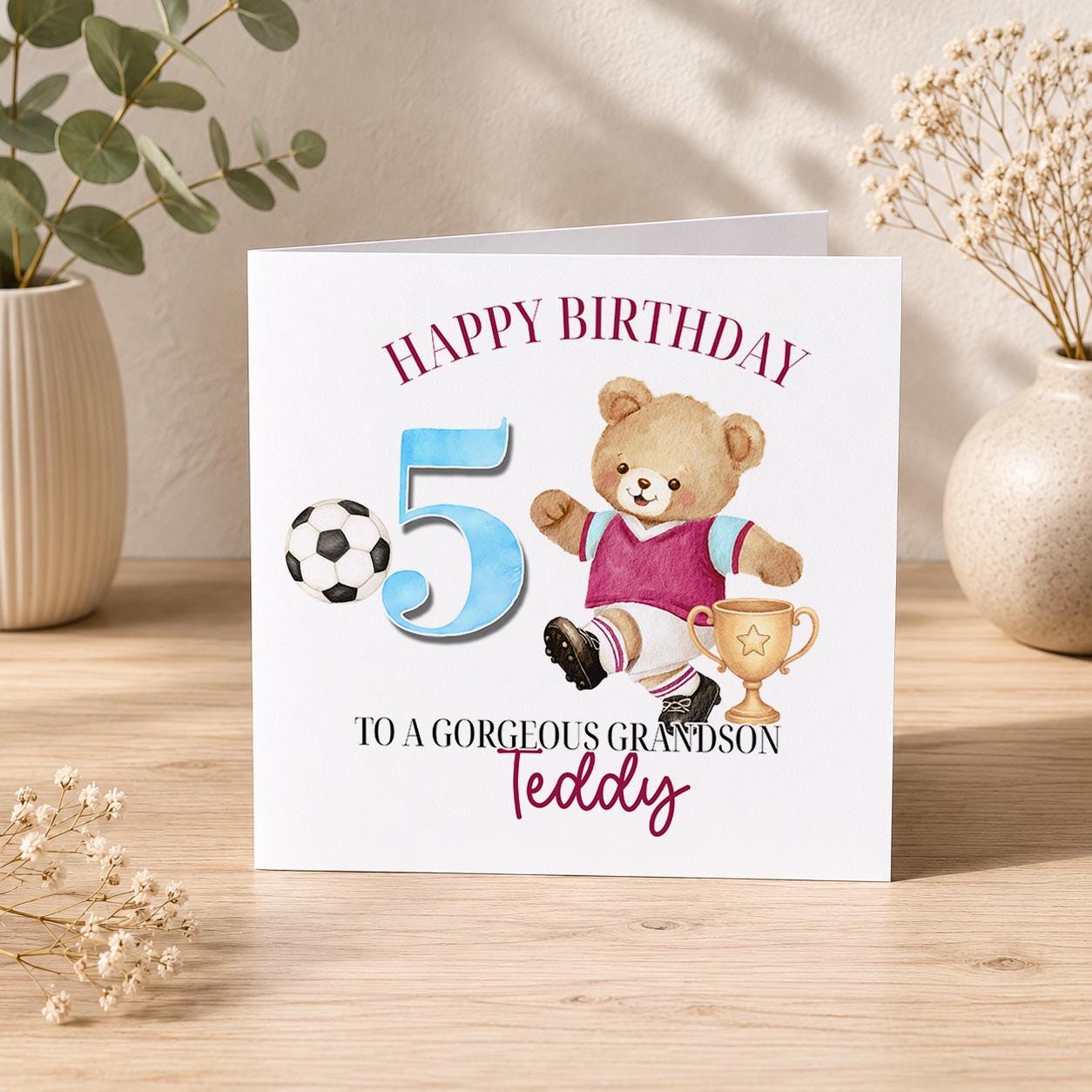 Square personalised football birthday card featuring a teddy bear in football kit, for a boy's birthday.