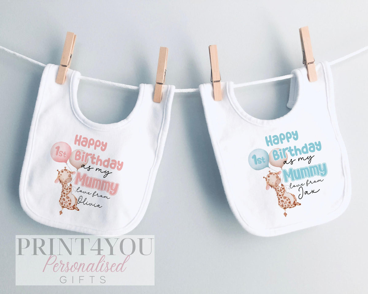 Giraffe and balloons 1st birthday bib personalised with a chosen name and family relation.