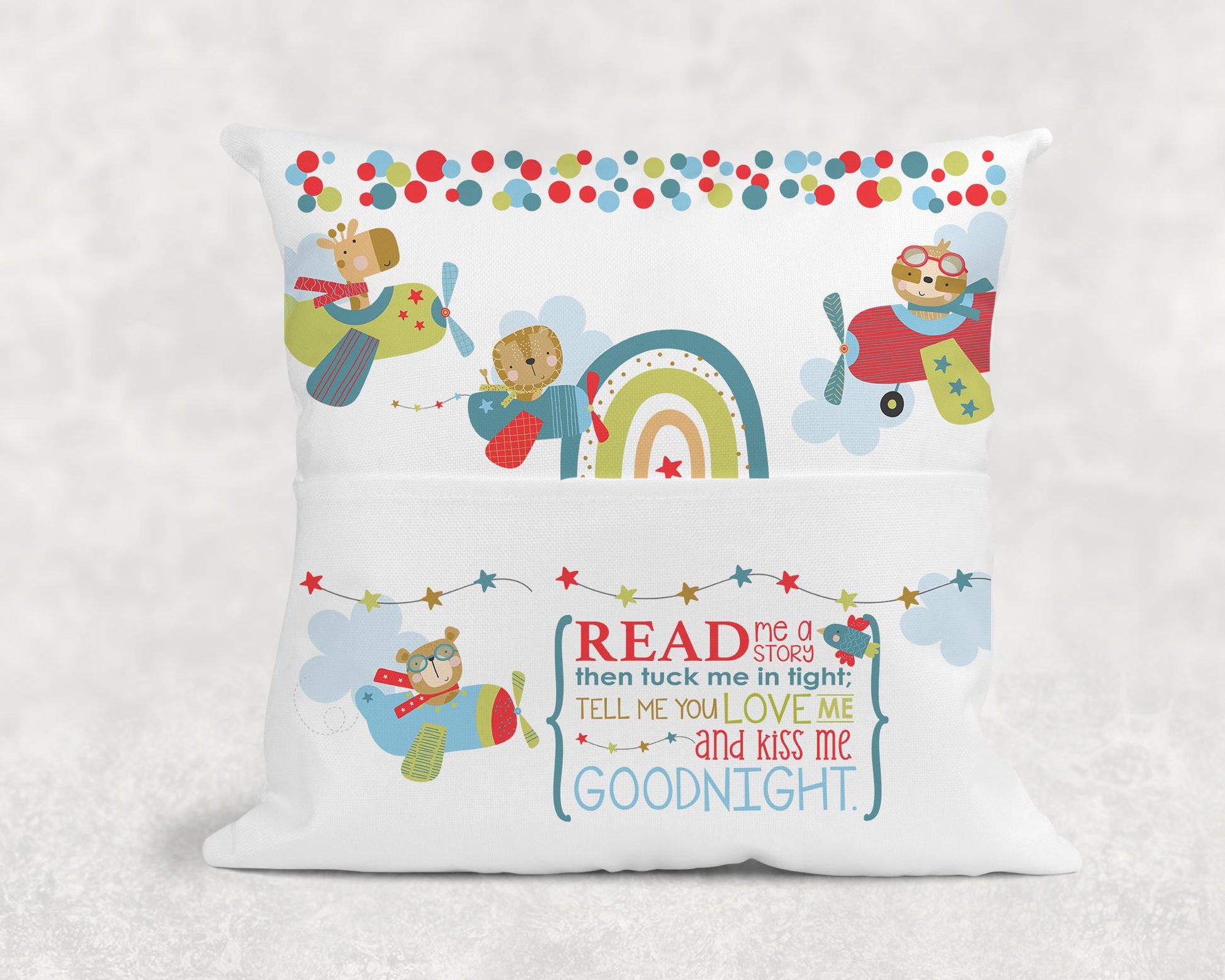 Personalised airplane cushion with the child's custom name printed on the front